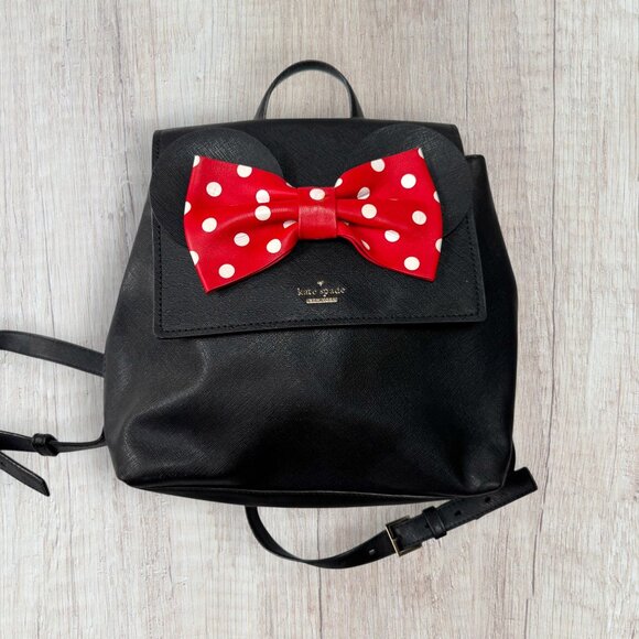 Kate Spade x Disney Minnie Mouse Black Leather Backpack with Red Polka Dot Bow - Picture 1 of 12